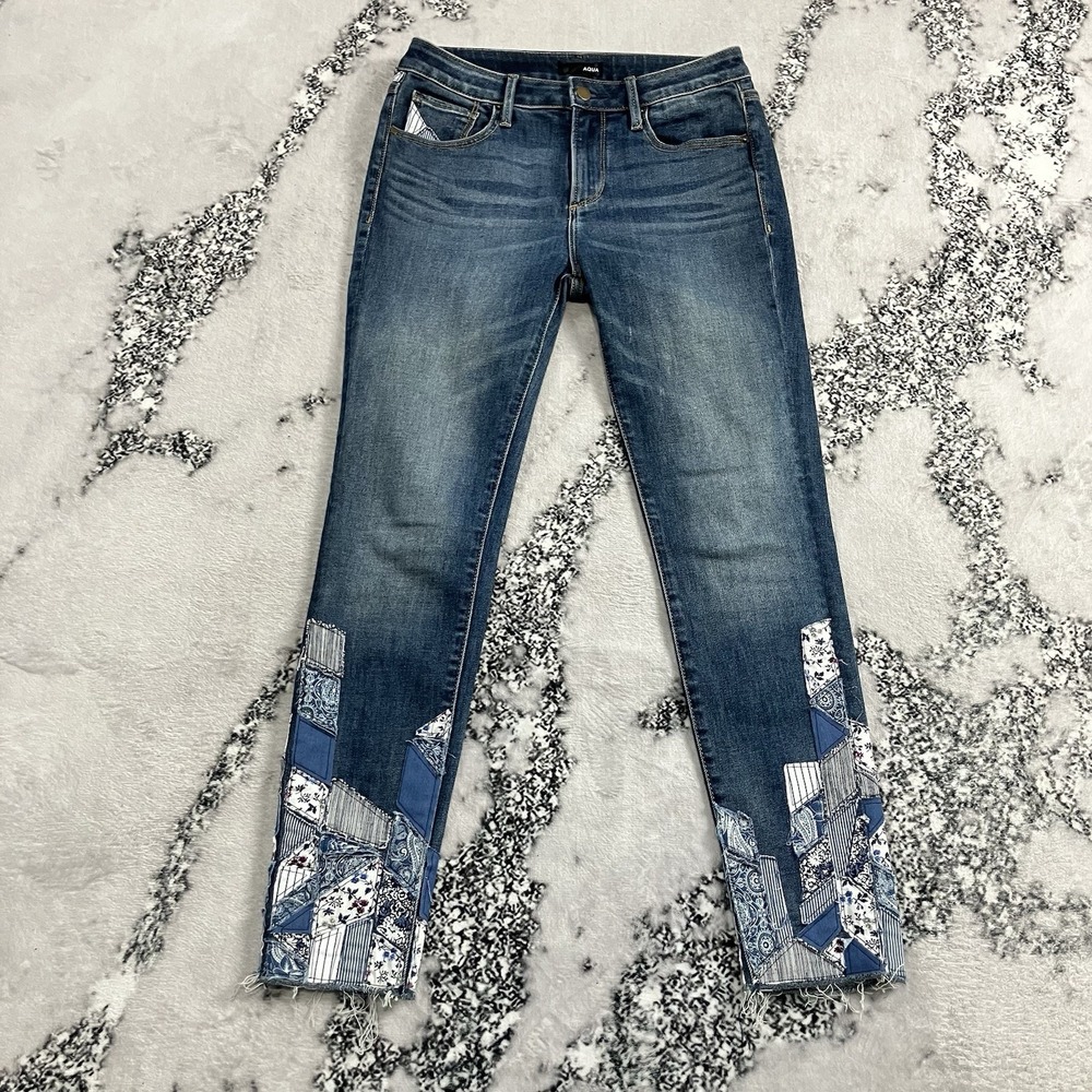 AQUA Patchwork Hem Skinny Jeans Women's Size 27 Blue Denim Stretch Raw Hem